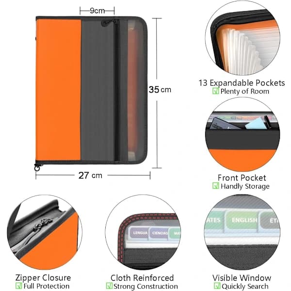 Expanding folder with 13 pockets and zipper, A4 plastic document with practical front pocket for personal office storage - orange orange orange orange