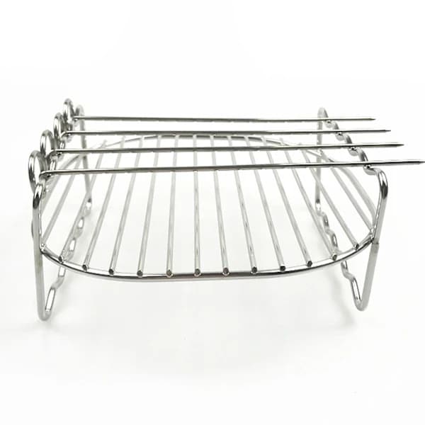 Airfryer Spydholder i Rustfrit Stål Dobbeltlags BBQ Grillholder til Udendørs Grillning Sølv 18 x 7 cm