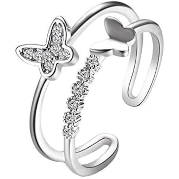 IC Snygg fjärilsring För kvinnor tonårsflickor Silver Rose Gold Dubbel fjärilsring Justerbar Crystal Butterfly Knoge Ring