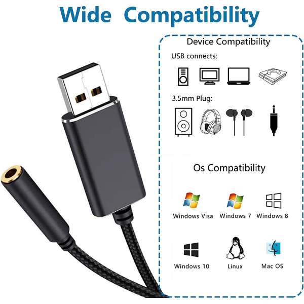IC USB lydadapter, USB til 3,5 mm lydjacksadapter, USB ekstern lydkort lydadapter (sort/20cm)