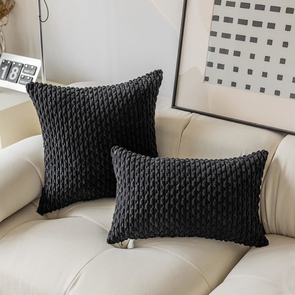 IC Set med 2 dekorativa överdrag i randig manchesterplysch, sammet, för soffa, 50 cm, 20 x 20 tum, svart