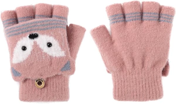Handskar med knappar, fingerlösa barnhandskar, vinter, varma stickade handskar, plyschfoder, vinterhandskar med kaninlook, en storlek passar alla