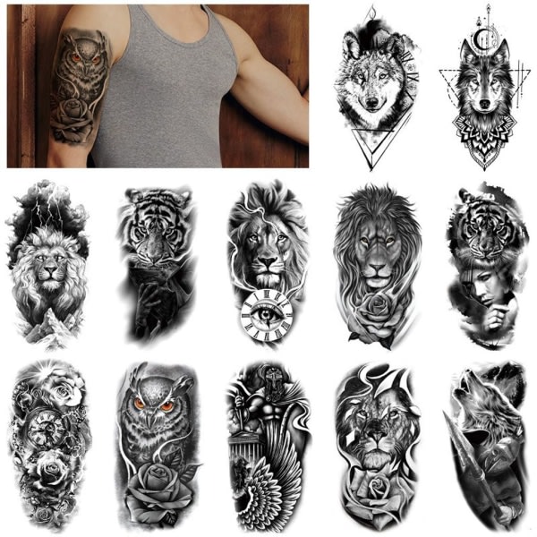 12 ark Wolf Lion Tillfälliga tatoveringer Män Kvinnor Arm, 3D Temporary Tatuering Vuxna Barn Hals, Svart Skrämmande skalle Halloween Fake Ta