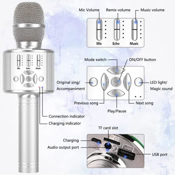 IC Karaoke Trådlös Bluetooth-mikrofon för Android/iOS, med inspelningsfunktion, dansande LED-lampor - Bärbar, Silver