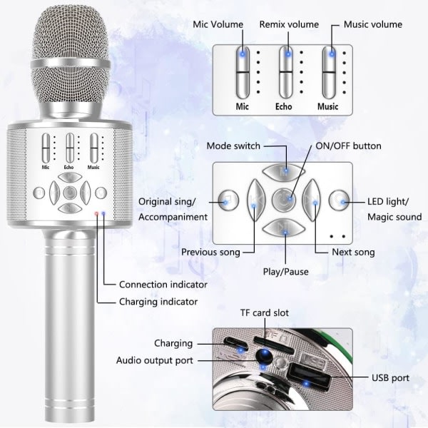 IC Karaoke trådløs Bluetooth-mikrofon for Android/iOS, med opptaksfunksjon, dansende LED-lys - Bærbar, Sølv