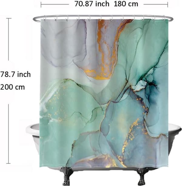 Dusjforheng, vaskbart hurtigtørkende vanntett polyester, grønn marmor akvarelldesign for bad og dusj, 180 x 200 cm