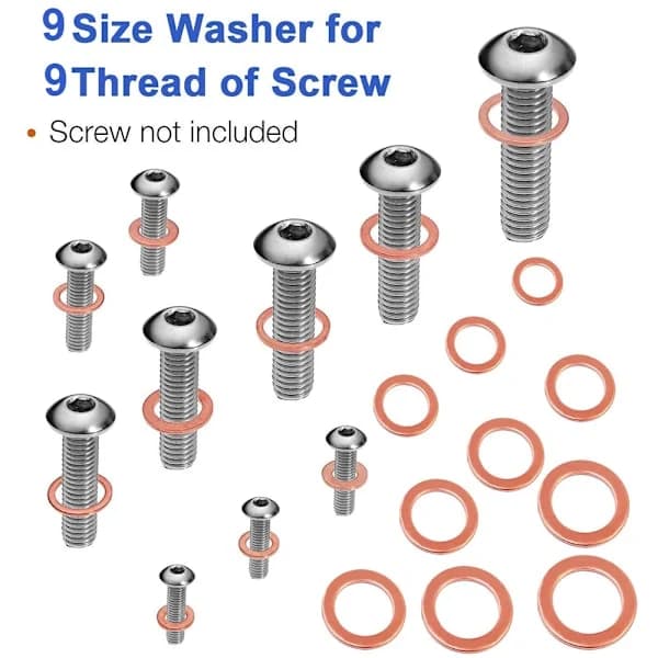 200 Pcs Flat Copper Washers Assortment Set M5-M14 O-ring Copper