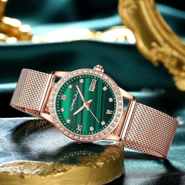 Damklocka IC Vattentät Kristall Minimalistisk Roséguld Mesh Rostfritt Stål Armbandsur Smalt Analog Kvarts Lyx Strass med Datum