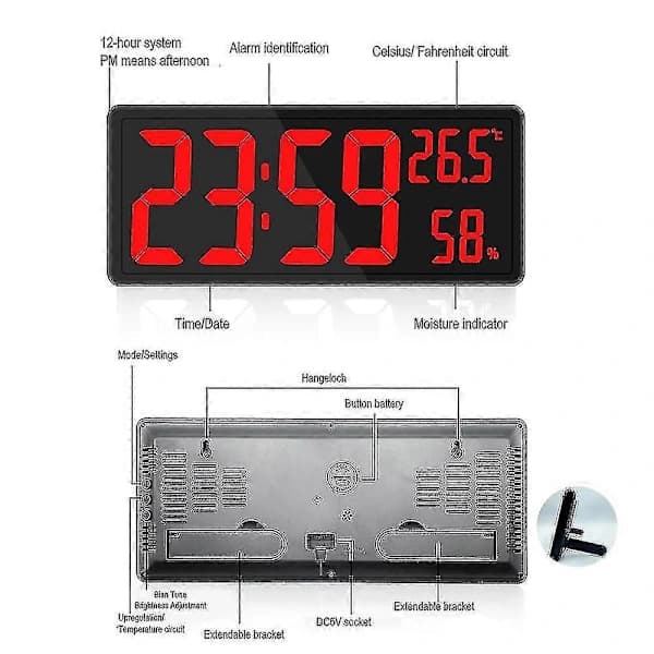 Stor digital väggklocka med LED-display, temperatur och luftfuktighet, USB-driven, för sovrum, kontor, klassrum, röd red