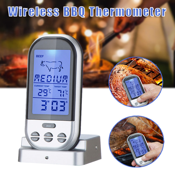 IC Bärbar Trådlös Grilltermometer Multifunktionell Digital Matlagningstermometer för Ugn Picknickgrill Svart
