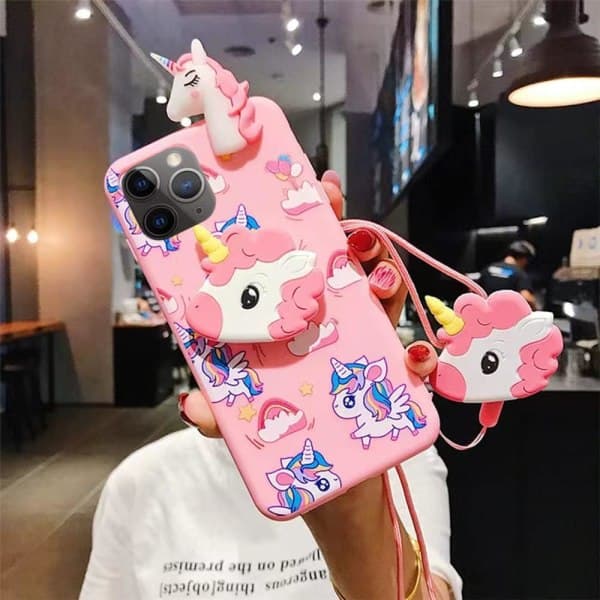 IC Unicorn-etui for iPhone 14 Pro Max 6,7\" med snor, 3D-tegnet design Søt Elastisk Kickstand Pro Maxtective-etui (blå)