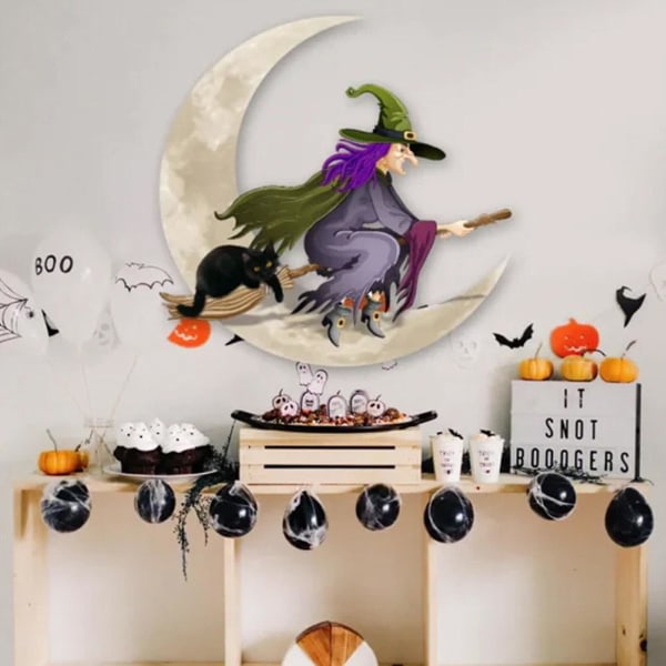 IC Halloween Witch Moon Väggdekor - Metallkonst med häx- og månmønster for hem, kontor og festdekorasjon