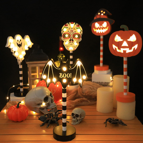 Halloween Skelett Skalle Spooky Ljus, Halloween Semester Bord Dekor Pumpor med hatt