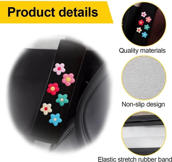 2-pack bilbältesskydd mjuka axelvaddar i polyester för barn och vuxna, universell passform för bil, lastbil, SUV, svart blomma