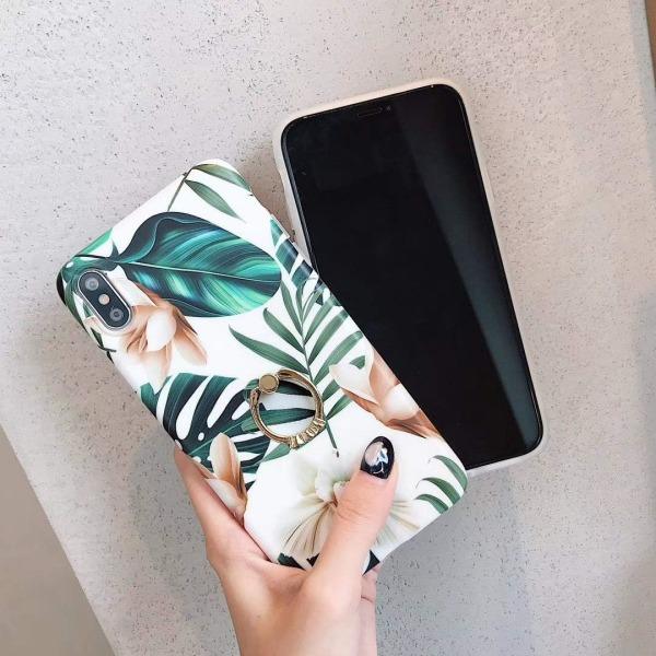 IC Kompatibelt med iPhone XR-fodral, Blommigt Sött Fodral för Män Kvinnor Flickor med 360 Graders Roterande Ringstativ Vit Blomma