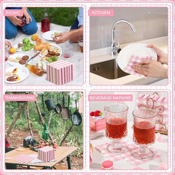 120 engangs-papirservietter med gingham-tern til babyshower, picnic og fødselsdag, lyserøde tern, 12,7 x 12,7 cm Pink and White