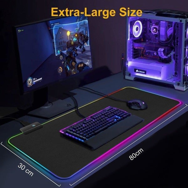 Gaming Musemåtte med LED-lys - RGB - Vælg størrelse 40*90*4 cm