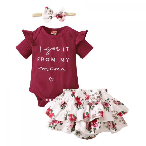 AVEKI Newborn Baby Girl Kläder Romper Shorts Sett Blommiga Sommar Outfits Söta Baby Kläder --- Vinröd (Storlek 70)