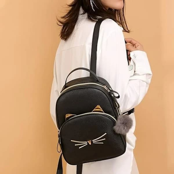 Cartoon Cat Mini Cute Backpack Handbag for Women Leisure Small Backpack Daypack PU Leather Shoulder Bag