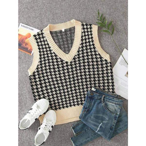 IC Kvinnor Houndstooth Mönster Stickad Tröja Väst Ärmlös Lös