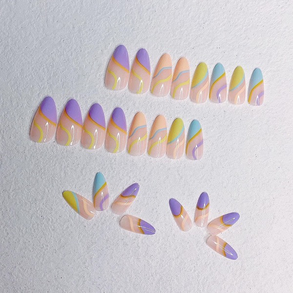 24 st (Colorful Swirl) Press on Nails Medium, Fake Nails Almond G