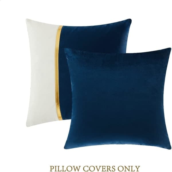 2-pack Marinblå Dekorativa Kuddfodral 18x18 tum för Soffa i Vardagsrummet, Sammet Patchwork med Guldläder, Lyx 45x45 cm