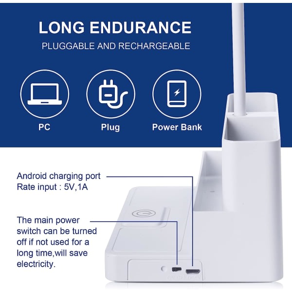 IC Liten LED-bordlampe med penn-/telefonholder, oppladbar skrivebordslampe med fleksibel svanehals, 3 lysmoduser, trinnløs lysregulering