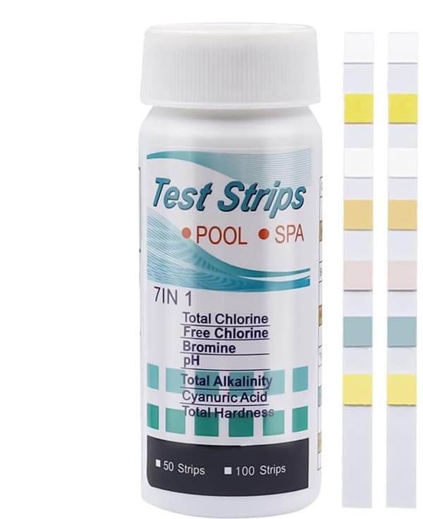 100 teststrimler - 7-i-1 for bassenger og spa - total hardhet, klor, pH, alkalinitet, brom, cyanursyre