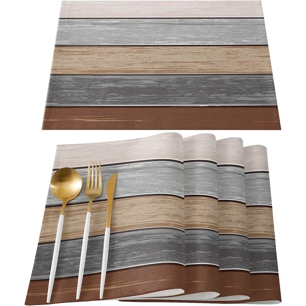 IC sæt med 6 bordstabletter, retro rustik lada træstruktur polyester fläckbeständig vaskbar bordstabletter dekoration brun grå