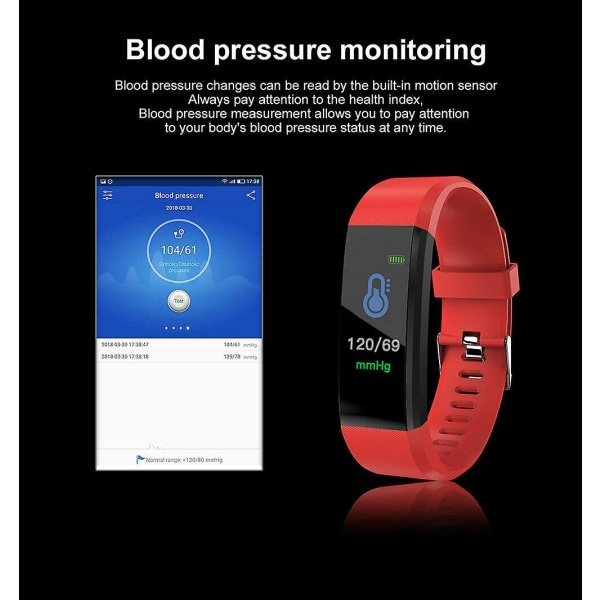 Smartklocka Armband Pulsmätare Blodtrycksmätare Fitness Tracker 115plus, röd IC