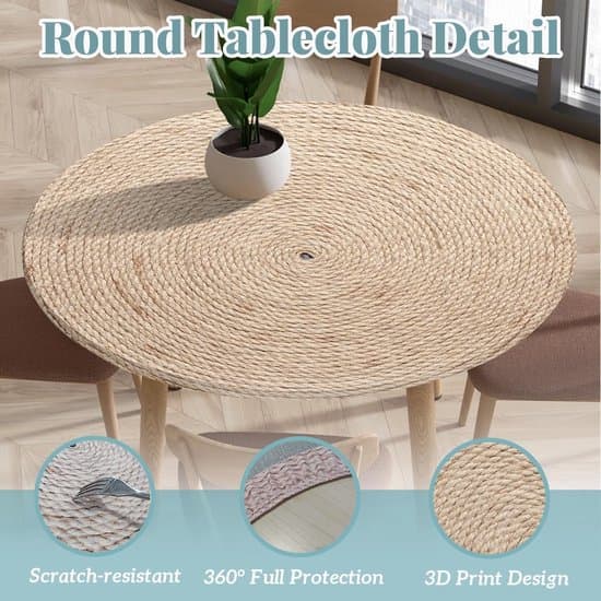 Rund duk, vaskbar polyester 3D-trykt design med elastisk kant, for spisebord, innendørs og utendørs bruk, rotting, 150 cm
