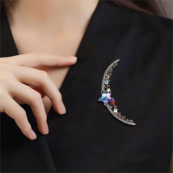 IC Rhinestone Elegant Moon Broscher Lapel Pins Fashion Coat Large Black