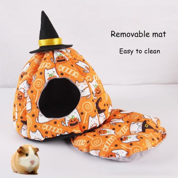 IC Halloween-marsvinsgömställe med trollhatt-dekor Orange pumpa Hamstersäng Grotta Varmt smådjurshus (A, liten)