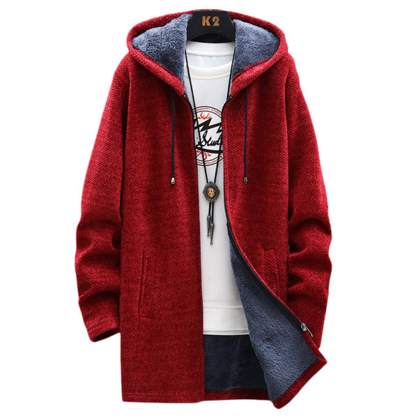 Långärmad luvtröja i fleece för män Vinter Varm Casual Coat Jacka Wine Red XL