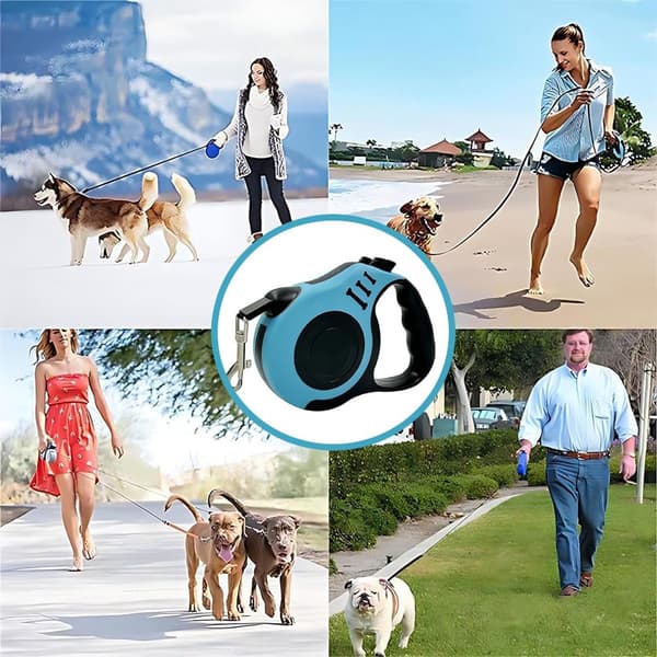 Infällbart hundkoppel, 5 meter flätat nylonband, progressivt bromssystem, för hundar upp till 15 kg, stad- och parkpromenader, blå