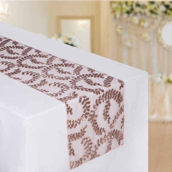 Pöytäjuoksu paljeteilla, roségullinen lehtimalli, pöytälippu, koriste