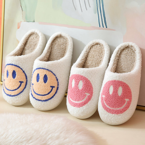 IC Retro Smilende Ansigt Bløde Plys Tøfler Behagelige Varme Slip-on Tøfler Til Par Vinter Varme Indendørs Tilbehør 1 stk