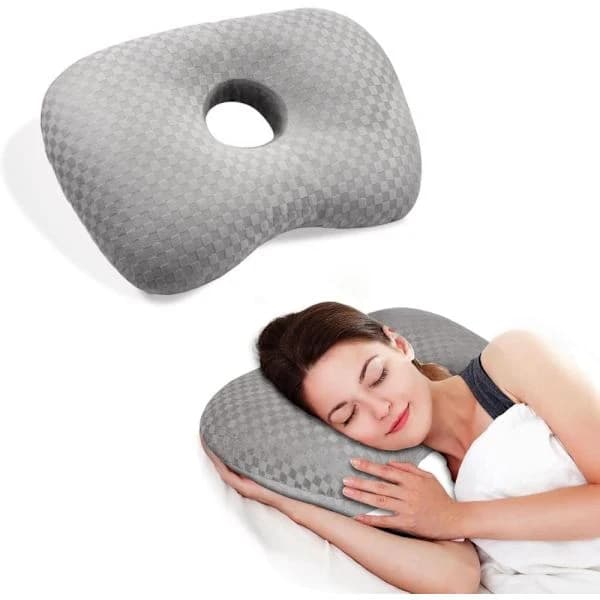 Öronkudde Ergonomisk Sidokudde med Tryckavlastande Hål för Öronvärk Piercingar Återhämtning Grå Vit white