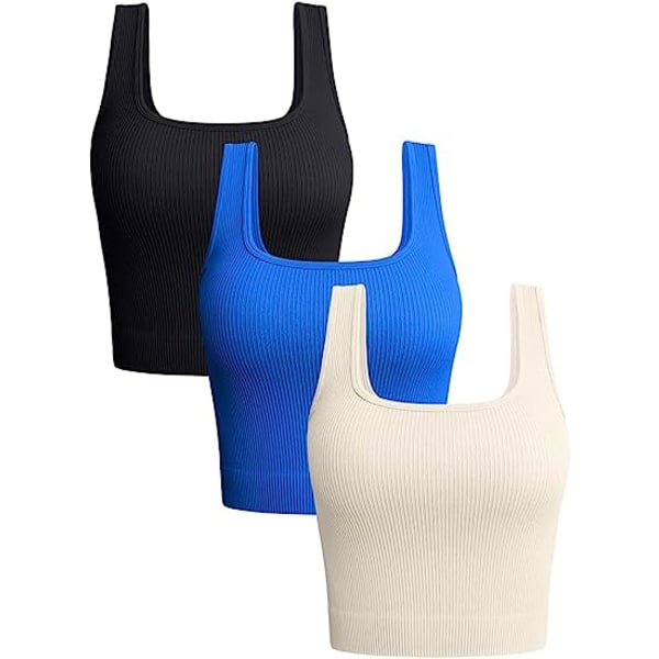 IC 3-delade linne damer Ribbade sömlösa treningsströjor Yoga Crop Tops (stora)