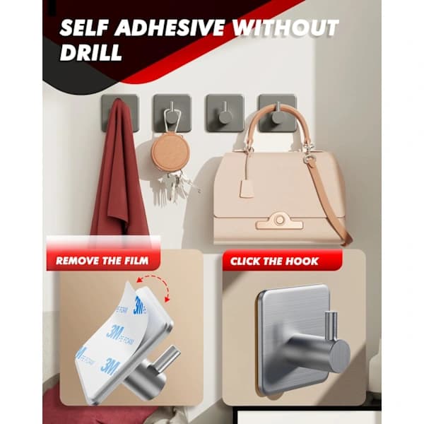 Self-adhesive Hooks 5-pack, Silver Heavy Duty Coat Hooks, Stainless Steel Wall Hooks for Bathroom, Waterproof Towel Hooks