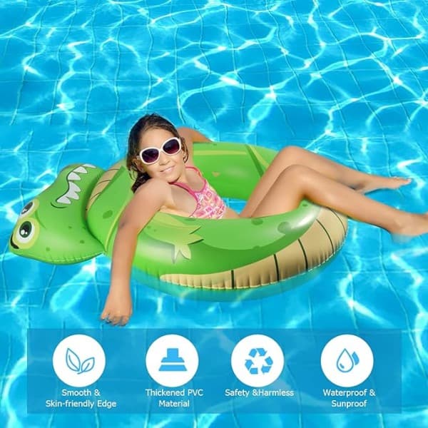 IC Pool ponton barn uppblåsbar simring, räv- och krokodilmönstrad simrörsring för 3-10 år, utomhuspool strand roliga poolfestleksaker