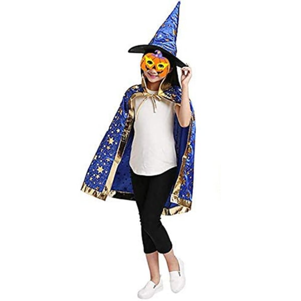 Kinder Halloween Kostüm, Hexe Zauberer Umhang mit Hut für Magie Blau