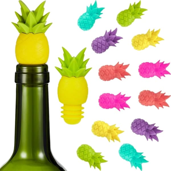 14 delar ananas silikon flaskproppar vinglasmarkörer, charm och vinproppar återanvändbara