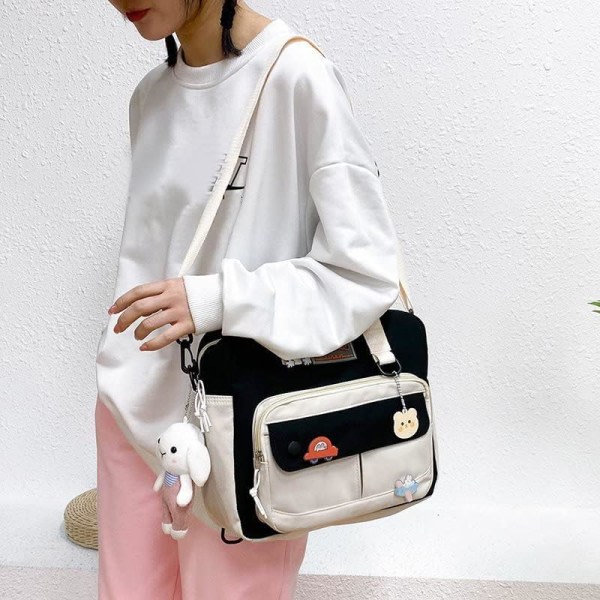 IC Söt studentväska Kawaii japansk väska Multifunktionell laptop Estetisk ryggsäck för tonårsflickor Barn messengerväska Lunchväska, svart//vit