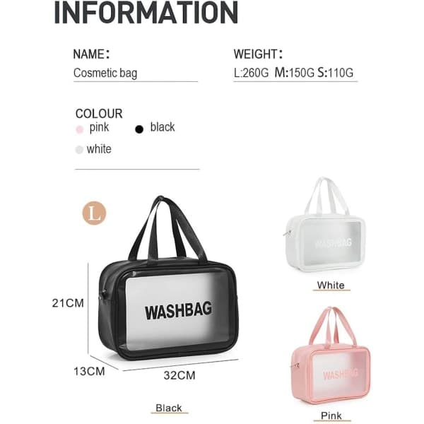 IC Transparent 3-delt sminkepung, vanntett toalettmappe, rosa