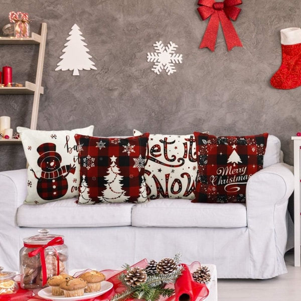IC Julkuddfodral 18×18 tum set med 4 bondgård svart och röd buffel plädkuddfodral Holiday Rustik linne