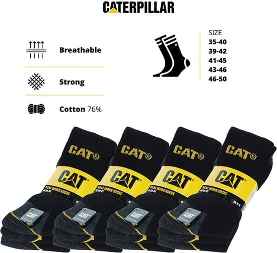 Caterpillar Herre Arbejdssokker 12 par, Forstærket Hæl og Tå, Åndbare Bomulds-crew-sokker til Sikkerhedssko, Sort, Størrelse 46-50