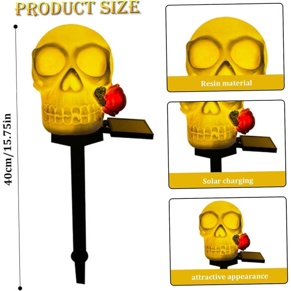 IC Solcellehavelys Solar Halloween Skull Dekorationer Vandafvisende Skull Dekor LED Solar Til Fest Have Terrasse Havegård Skalle med Blomst i Munden