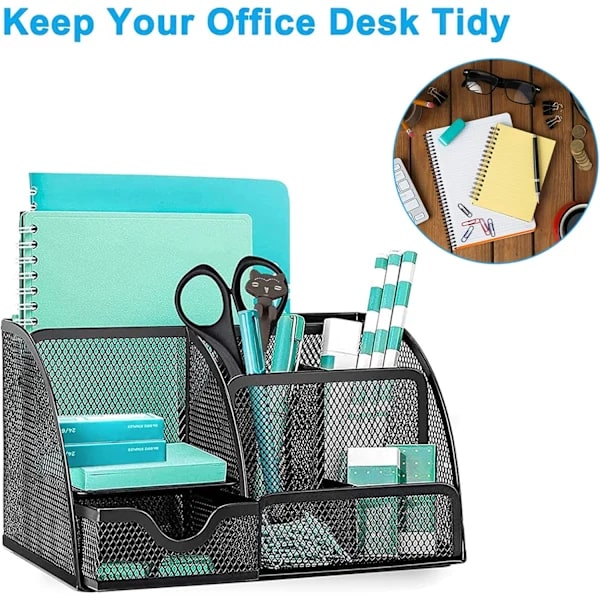 Mesh Desktop Organizer, Multifunctional Desk Storage & Pen Holder with 6 Storage Compartments and 1 Pull-out Drawer Black Black