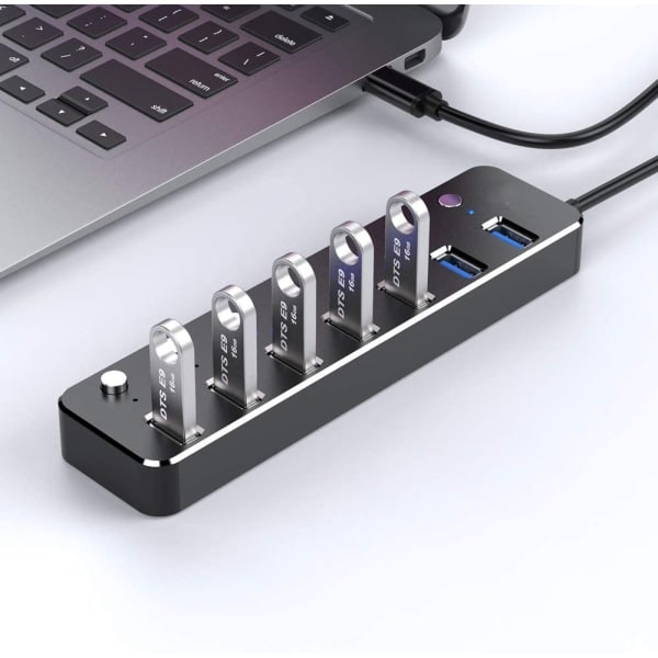 IC USB-hubb, USB 3.0 Aluminium Datahubb med individuella på/av-brytare och LED-lampor för bärbar dator (4 fot/120 cm) (7 portar)